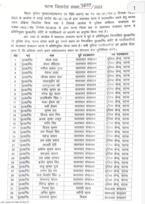 सोमवार को एसएसपी पटना ने बड़े पैमाने पर ट्रैफिक कर्मियों का तबादला किया जिसका लिस्ट निम्न है